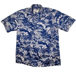 Cooke Street Honolulu Mens Large Blue White Floral Palm Cotton Hawaiian Shirt
